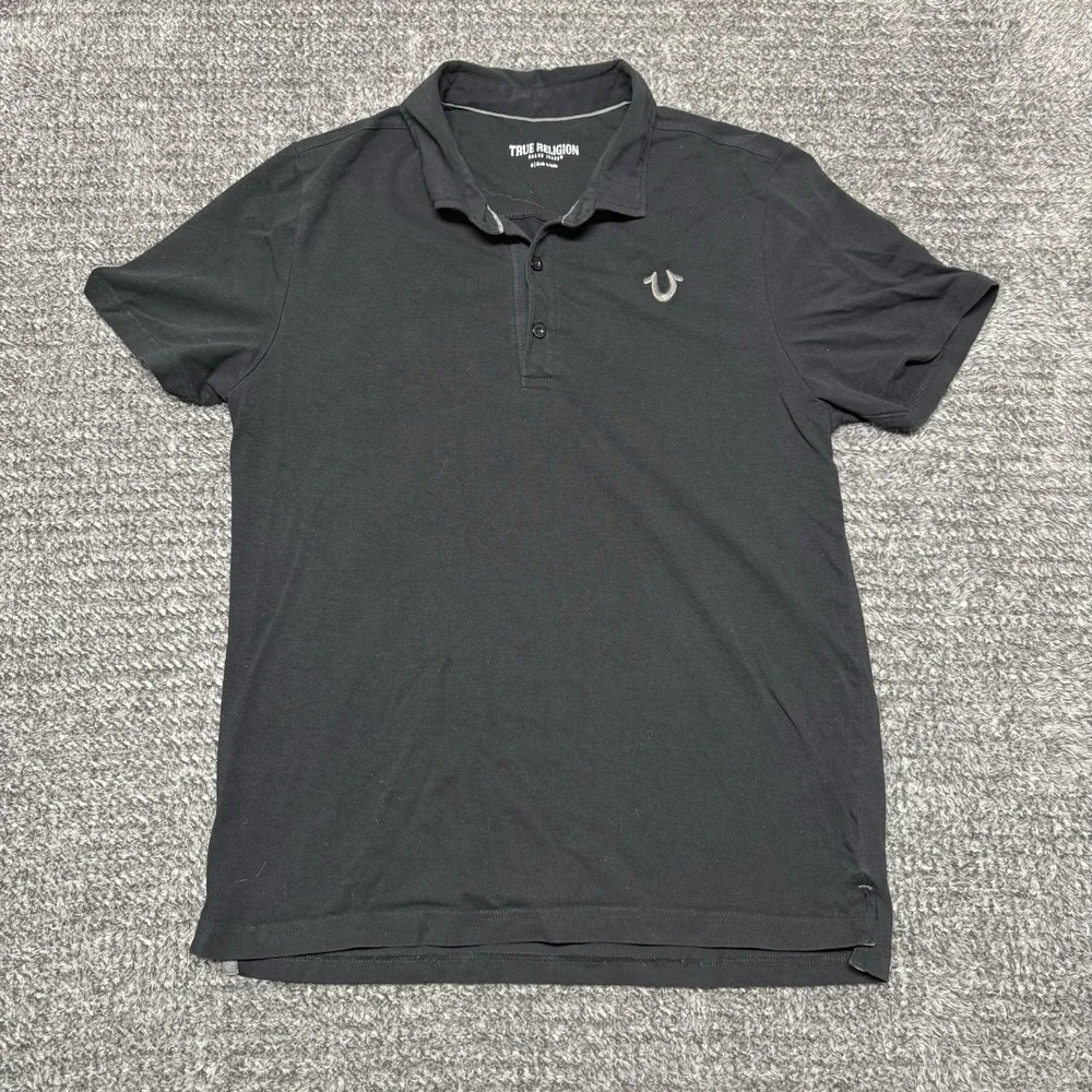 True Religion Polo Shirt Mens Medium Black Collared‎ Ribbed Cuffs Short Sleeve